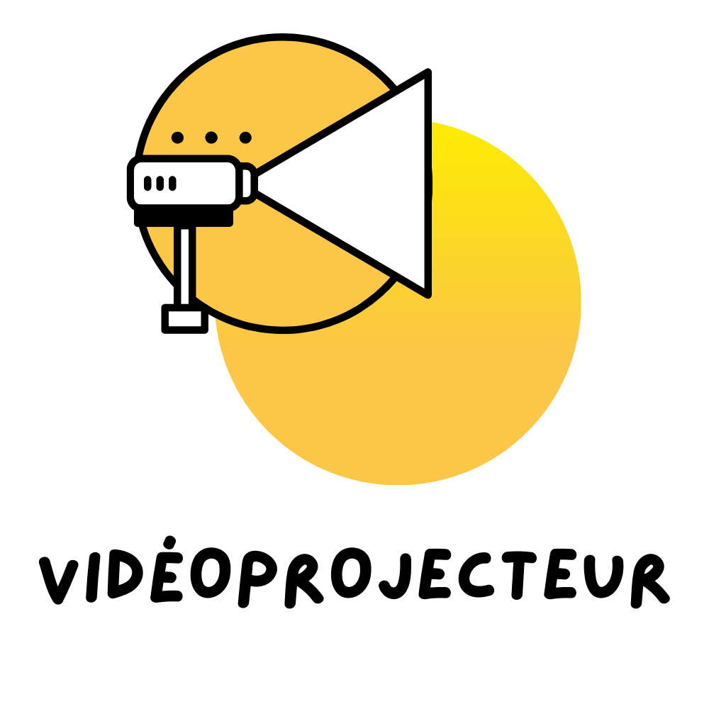 Rond jaune avec dessin de vidéoprojecteur devant et écrit vidéoprojecteur